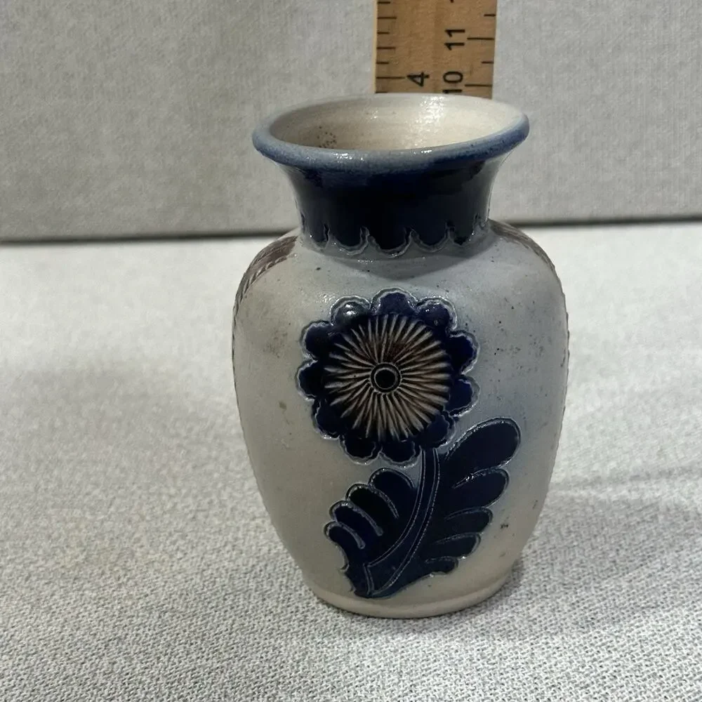 VTG German Cobalt Blue Salt Glaze Folk Cottagecore‎ Pottery Floral Vase Numbered